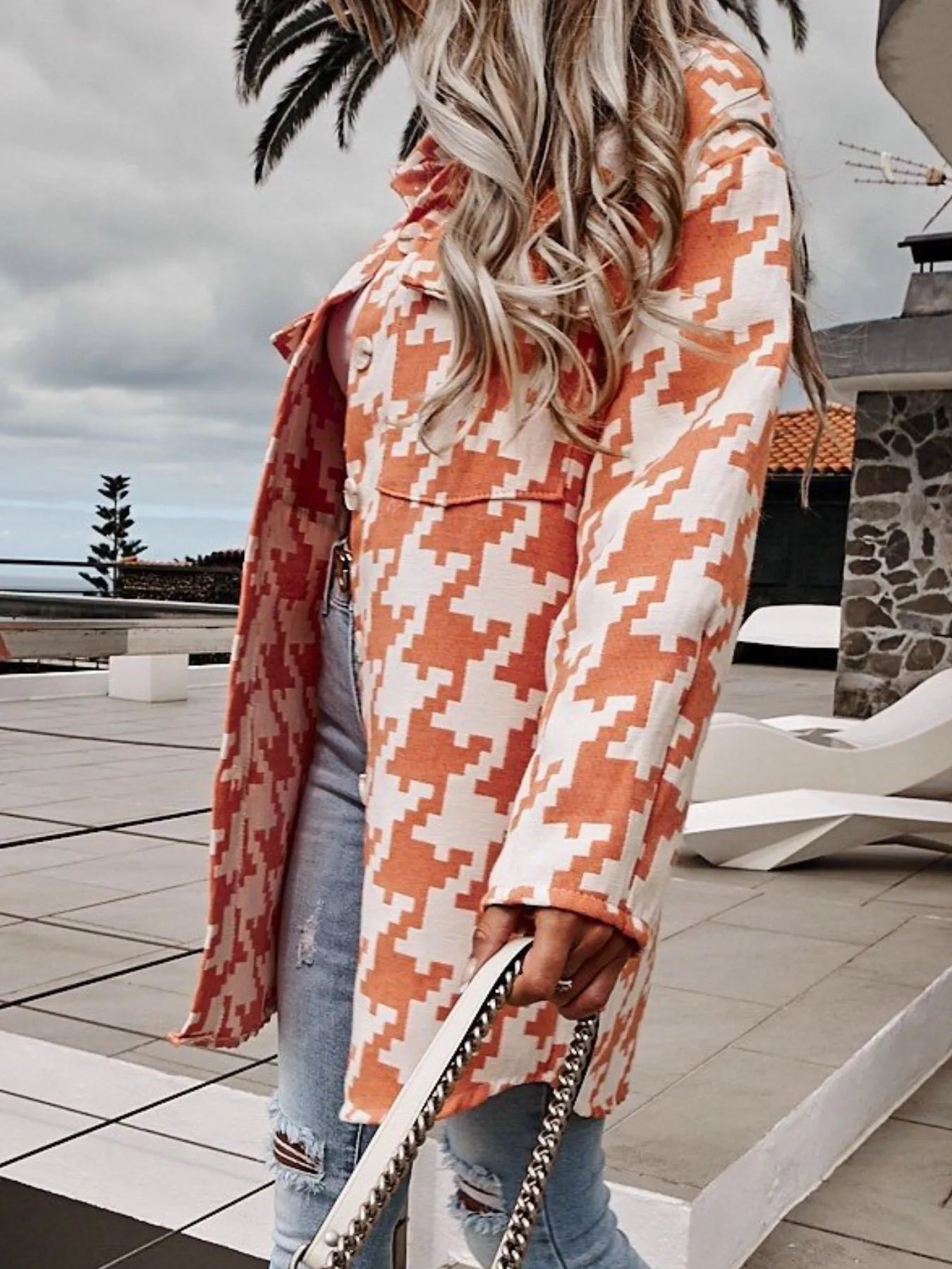Houndstooth Button Up Long Sleeve Outerwear 