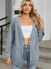 Pocketed V-Neck Button Up Denim Jacket 