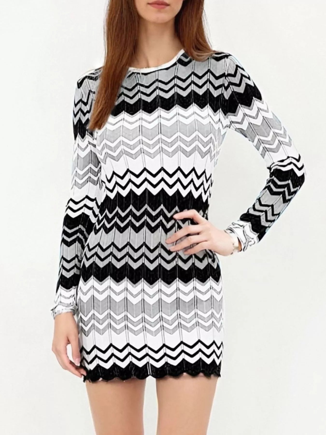 Openwork Wave Pattern Long Sleeve Sweater Dress 