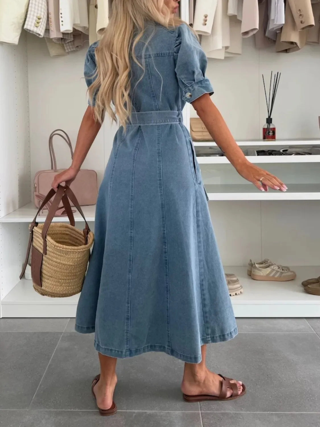 Puff Sleeve Button Down Belted Denim Midi Dress 