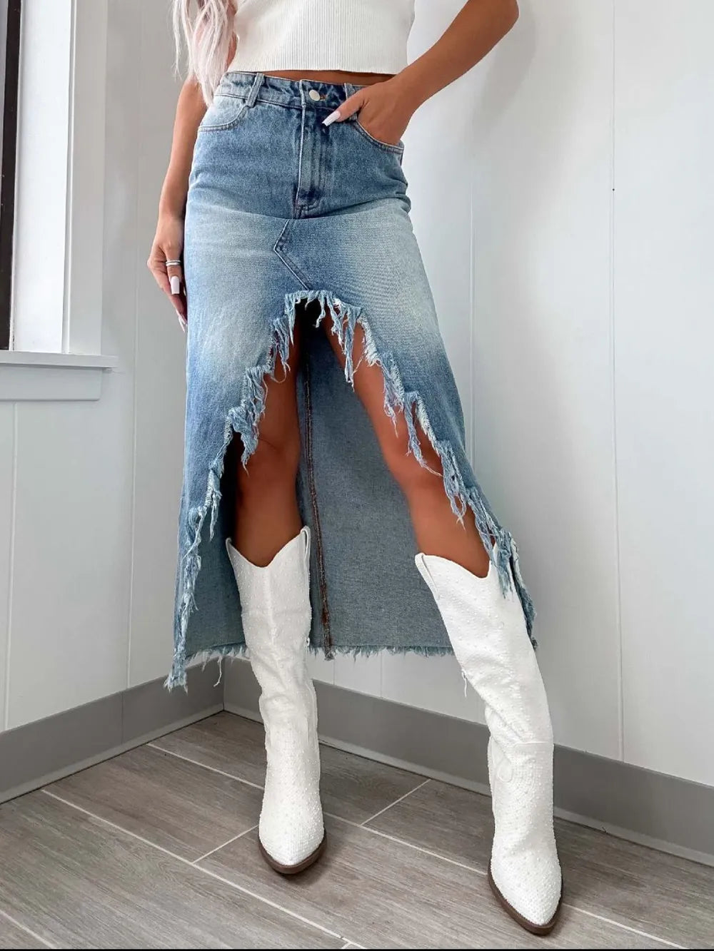 High-Waist Raw Hem Asymmetry Denim Skirt 