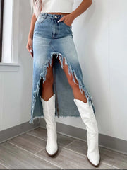 High-Waist Raw Hem Asymmetry Denim Skirt 