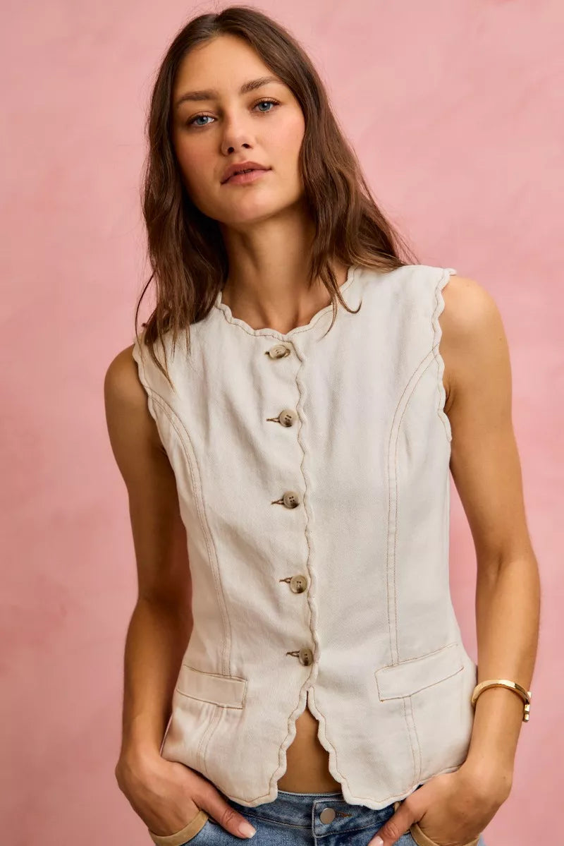 SO ME Scalloped Edge Cotton Twill Washed Vest Top 