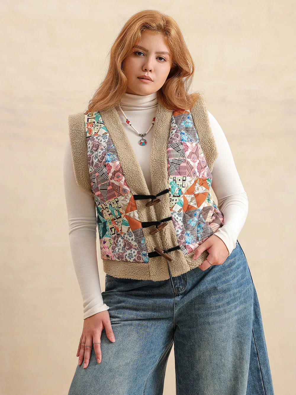 Plus Size Printed Sherpa Vest Coat 