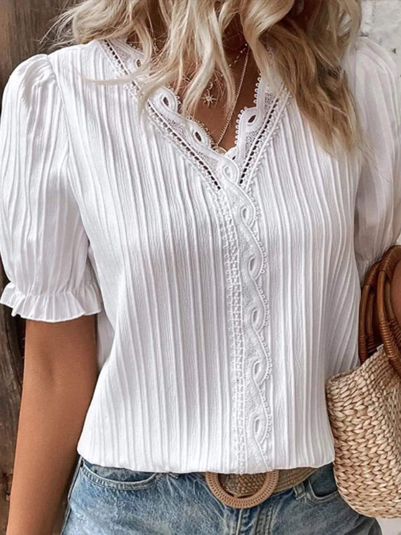 Full Size Lace Detail V-Neck Blouse Plus Size 