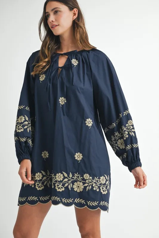 MABLE Embroidered Long Sleeve Peasant Mini Dress 