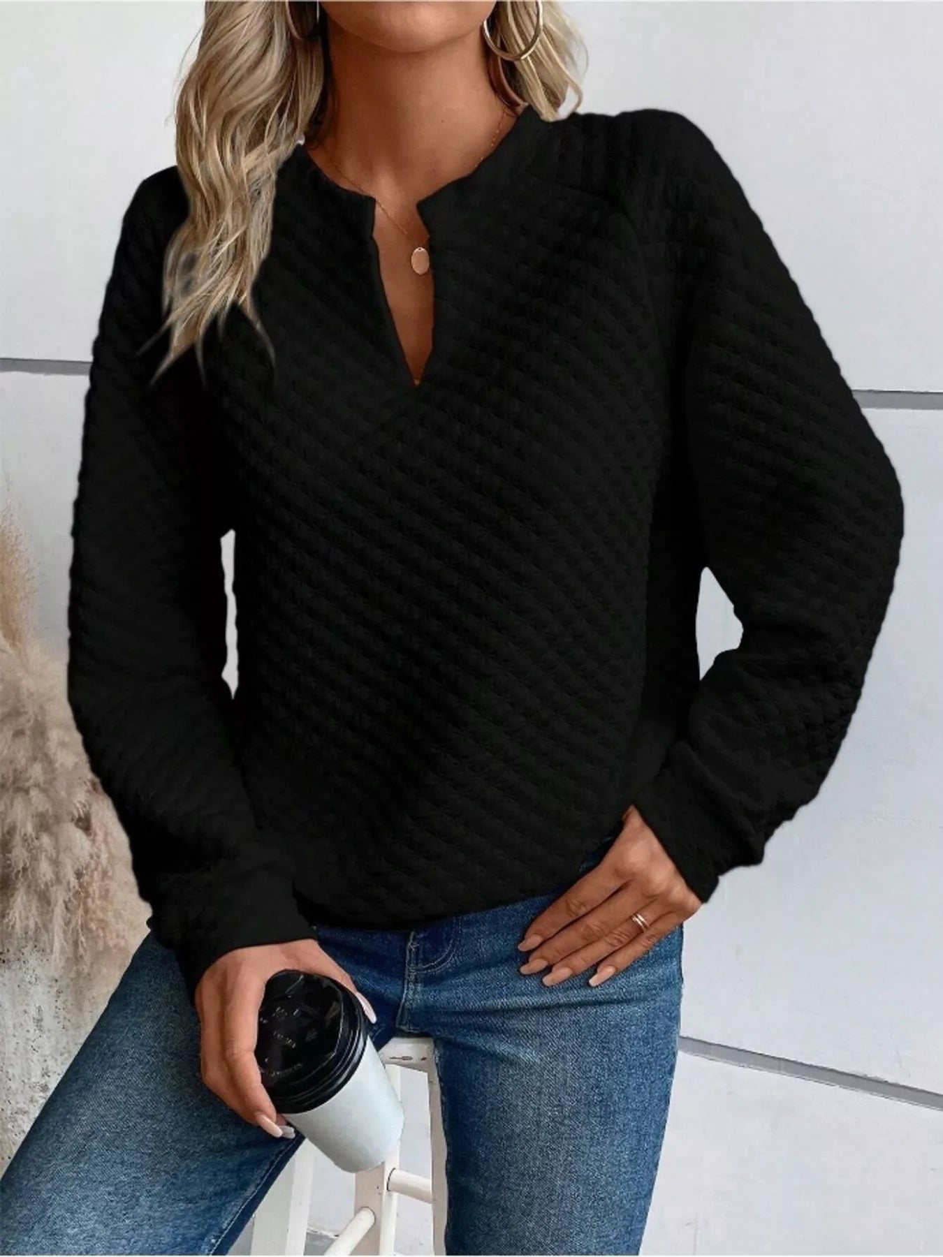 Textured Notched Raglan Sleeve Sweatshirt 