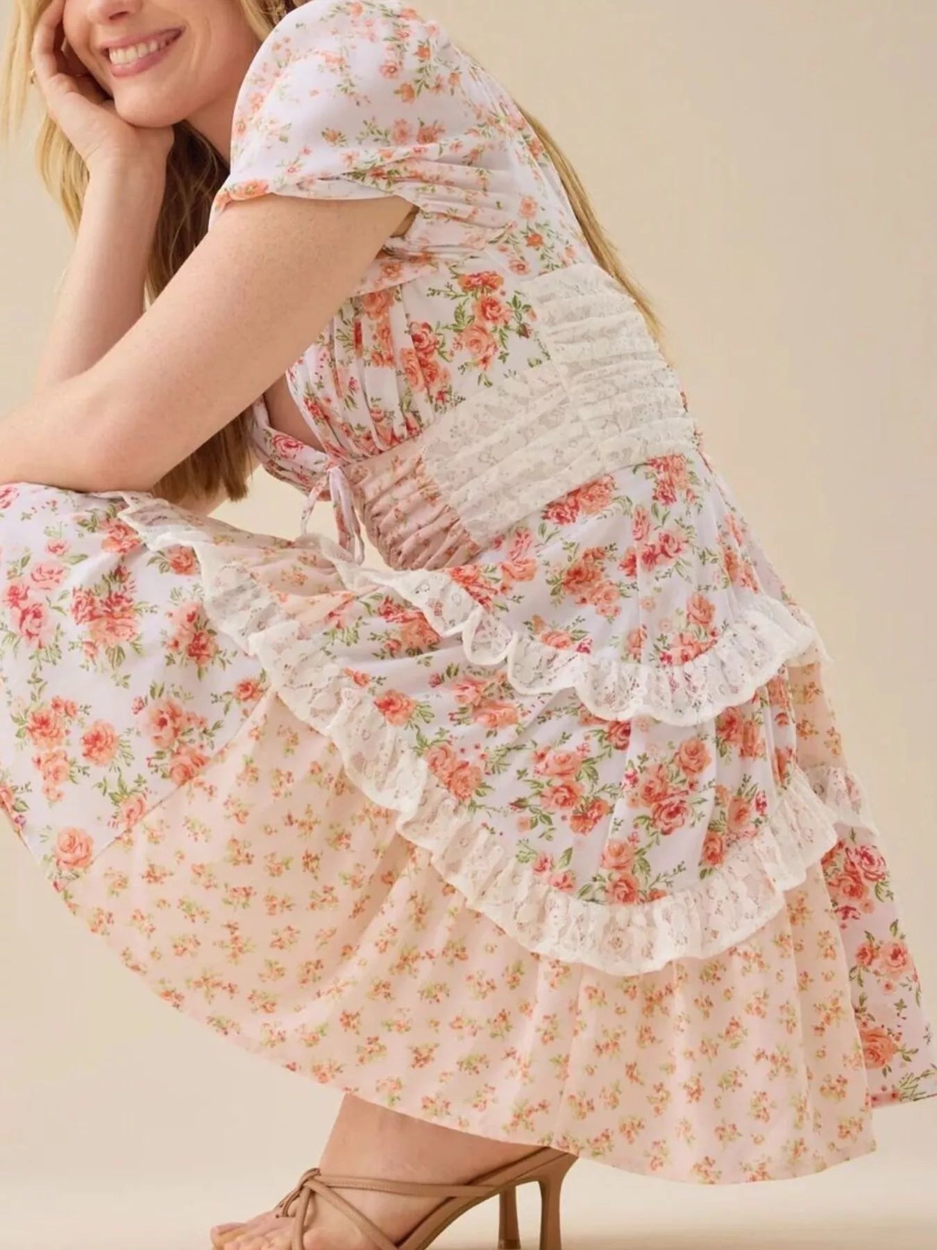 Floral Puff Sleeve Tiered Mini Dress 