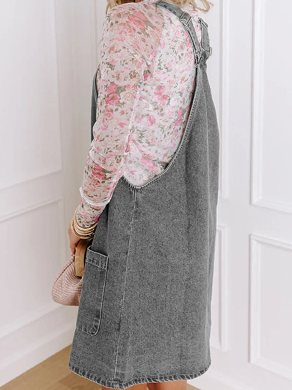 Wide Strap Button Down Denim Overall Dress 