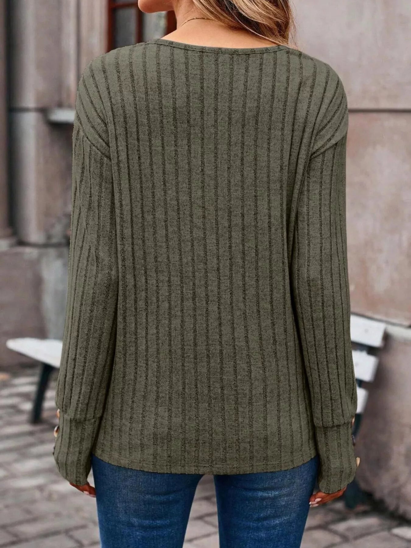 Ribbed V-Neck Long Sleeve Top 