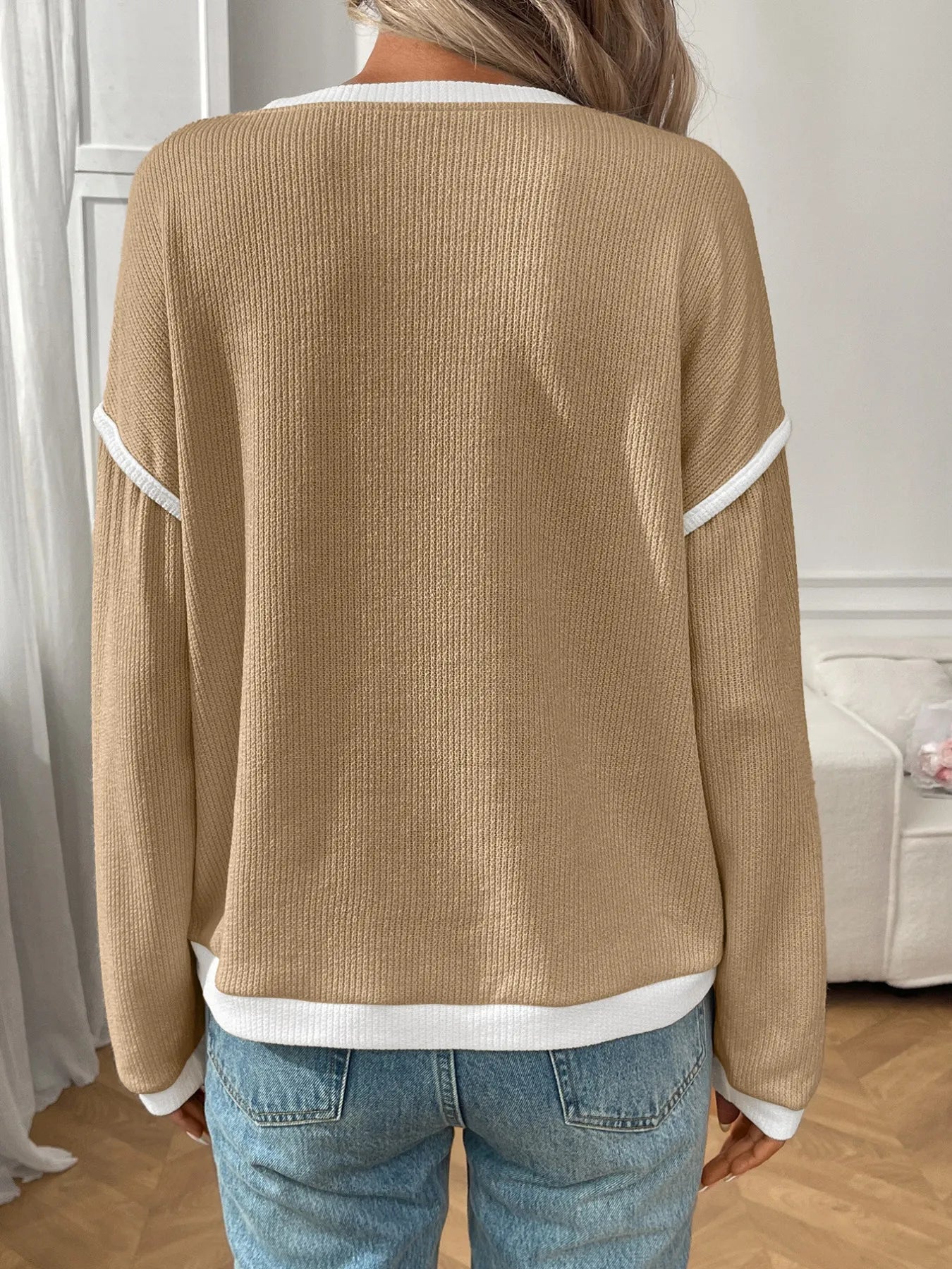 Ribbed Contrast Trim Long Sleeve Top 