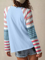 Color Block Round Neck Exposed Seam Patchwork Striped Long Sleeve Top 