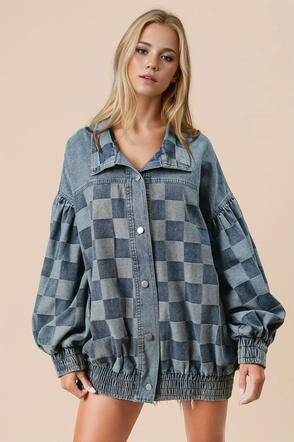 Double Take Checkered Button Up Denim Jacket 