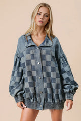 Double Take Checkered Button Up Denim Jacket 