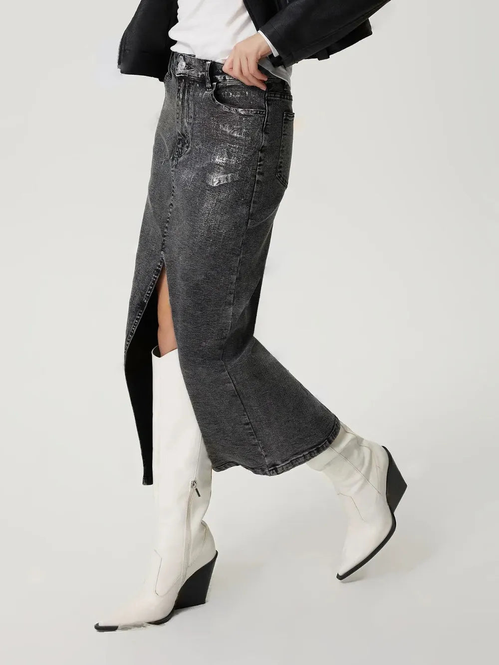 Slit Midi Denim Skirt with Pockets 