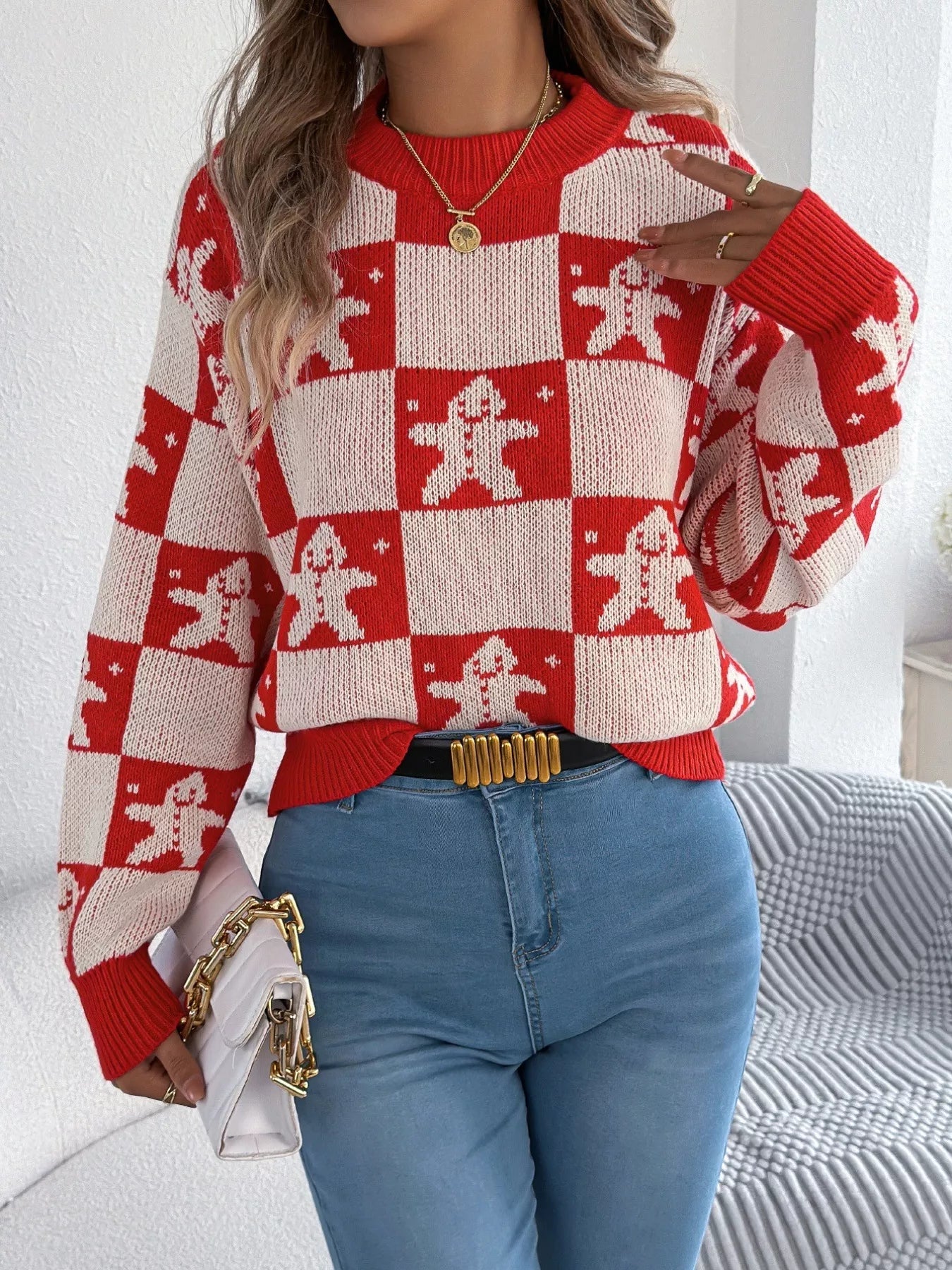 Christmas Checkerboard Gingerbread Round Neck Sweater 
