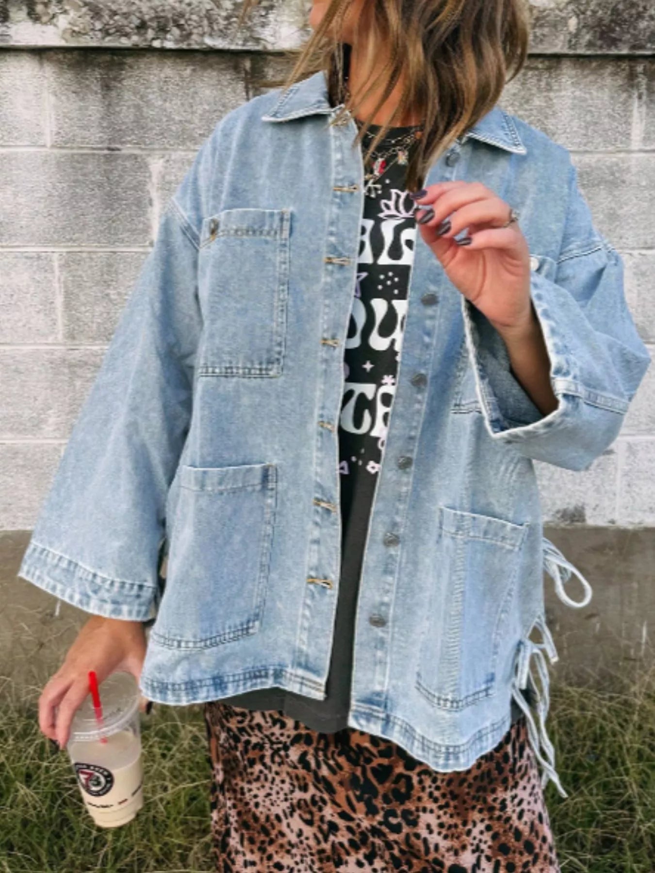 Patched Pockets Side Tie Denim Jacket 