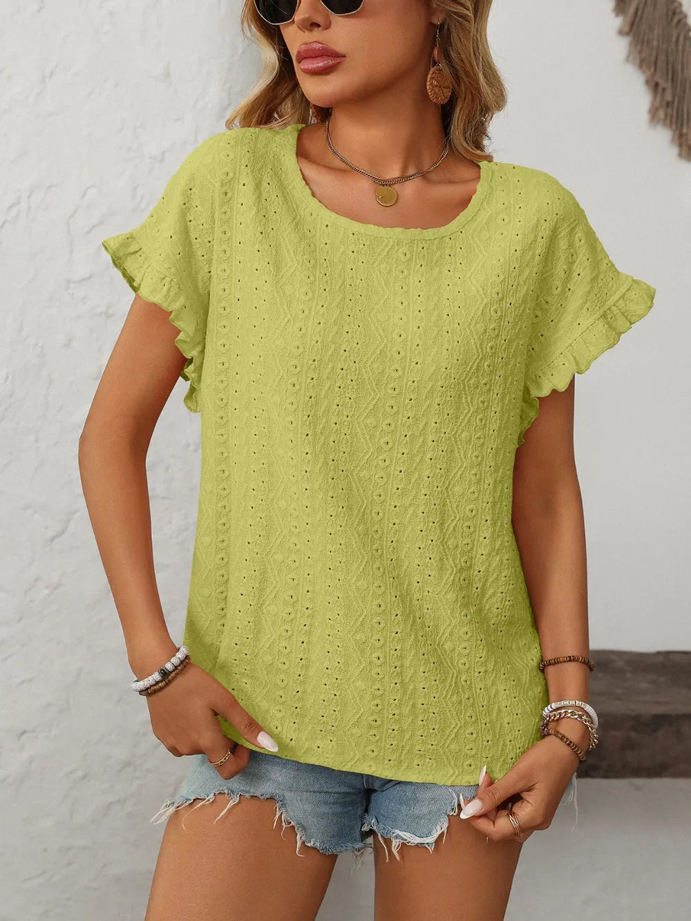 Mandy Eyelet Round Neck Short Sleeve Top 