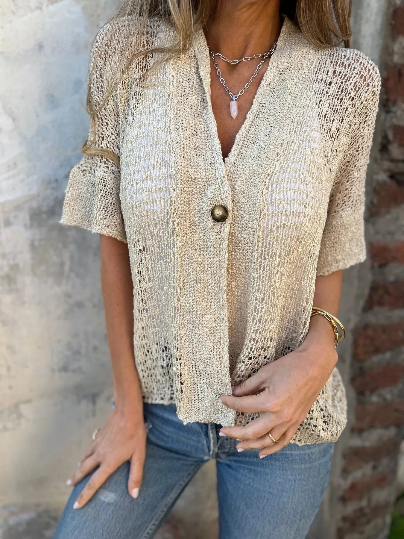 Full Size One Button Half Sleeve Cardigan Plus Size 