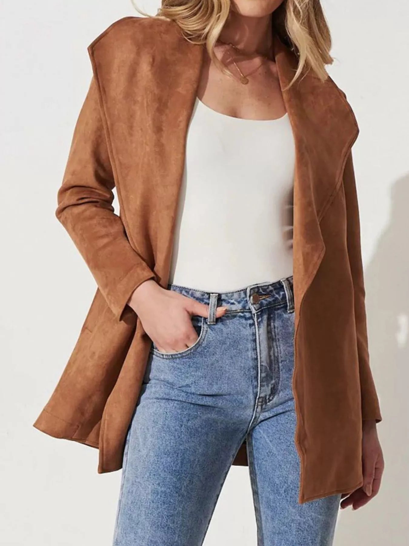 Suede Tie Waist Long Sleeve Outerwear 