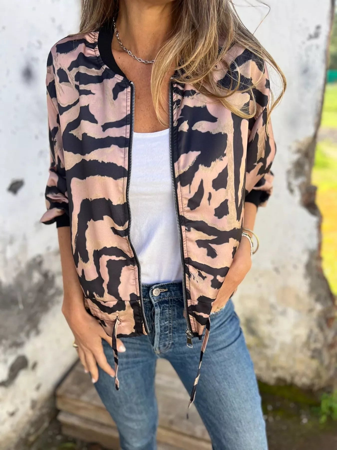Full Size Zip Up Zebra Print Bomber Jacket Plus Size 