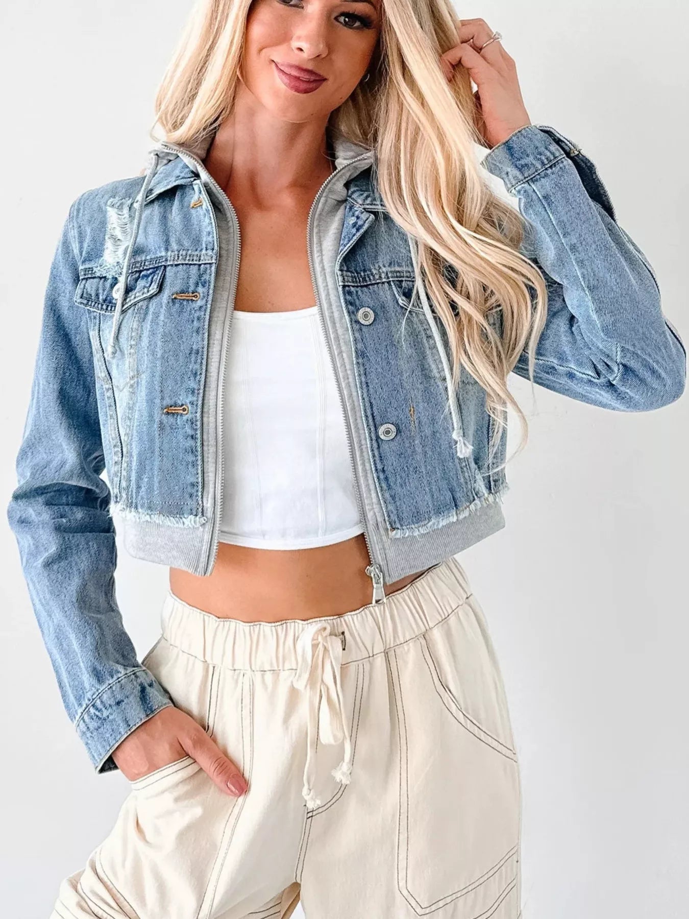 Distressed Zip Up Cropped Hooded Denim Jacket 
