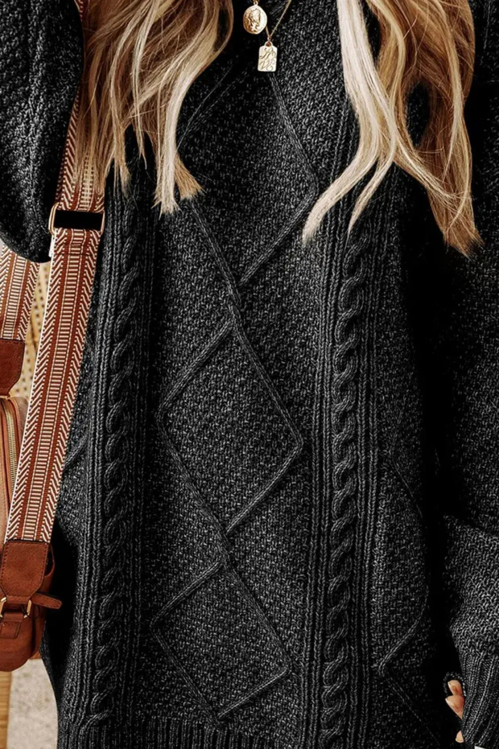Cable-Knit Round Neck Sweater Dress 