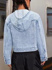 Hooded Drawstring Cropped Denim Jacket 