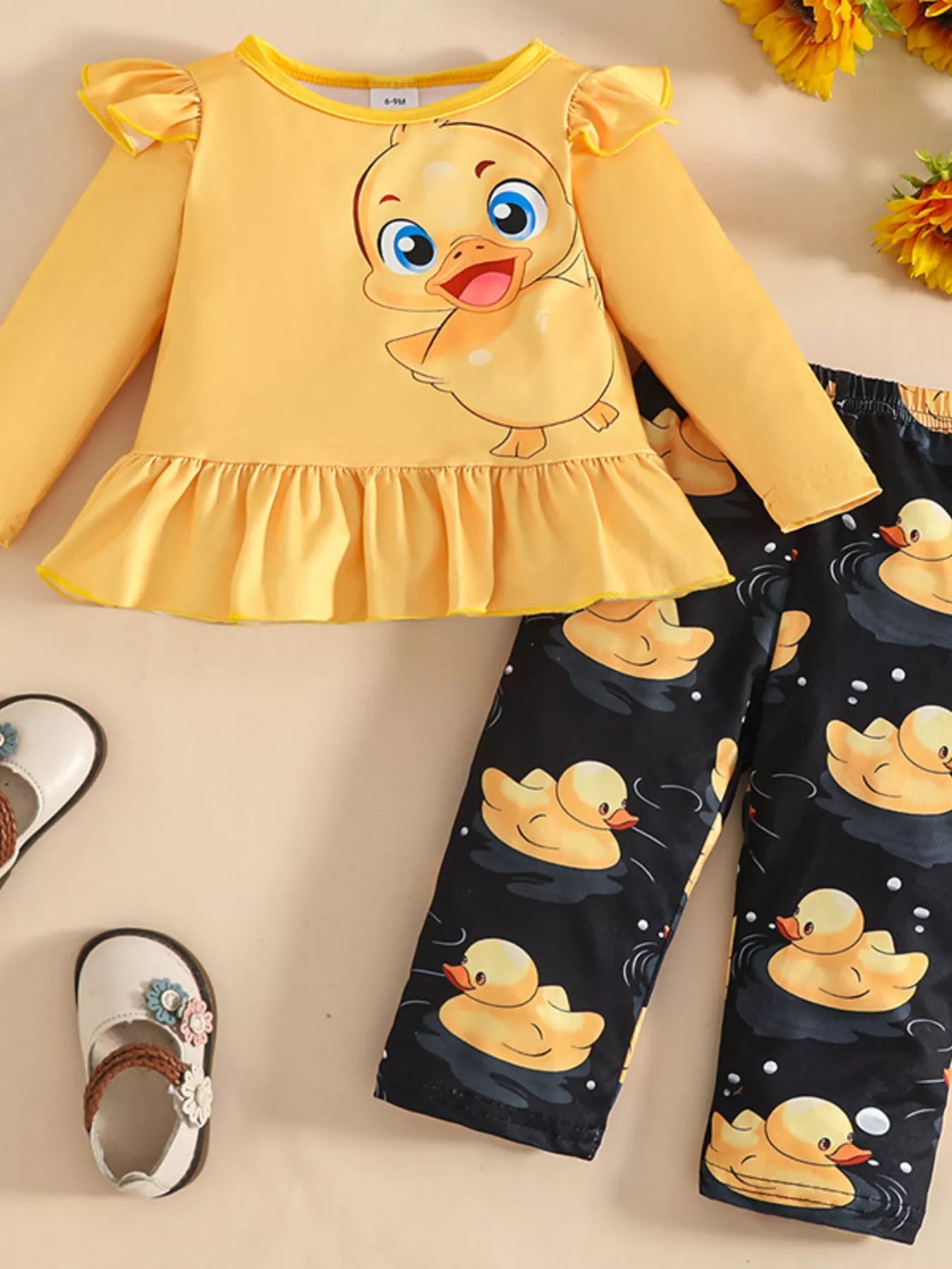 Children's Cute Duck Print Long Sleeve Top and Pants Set 