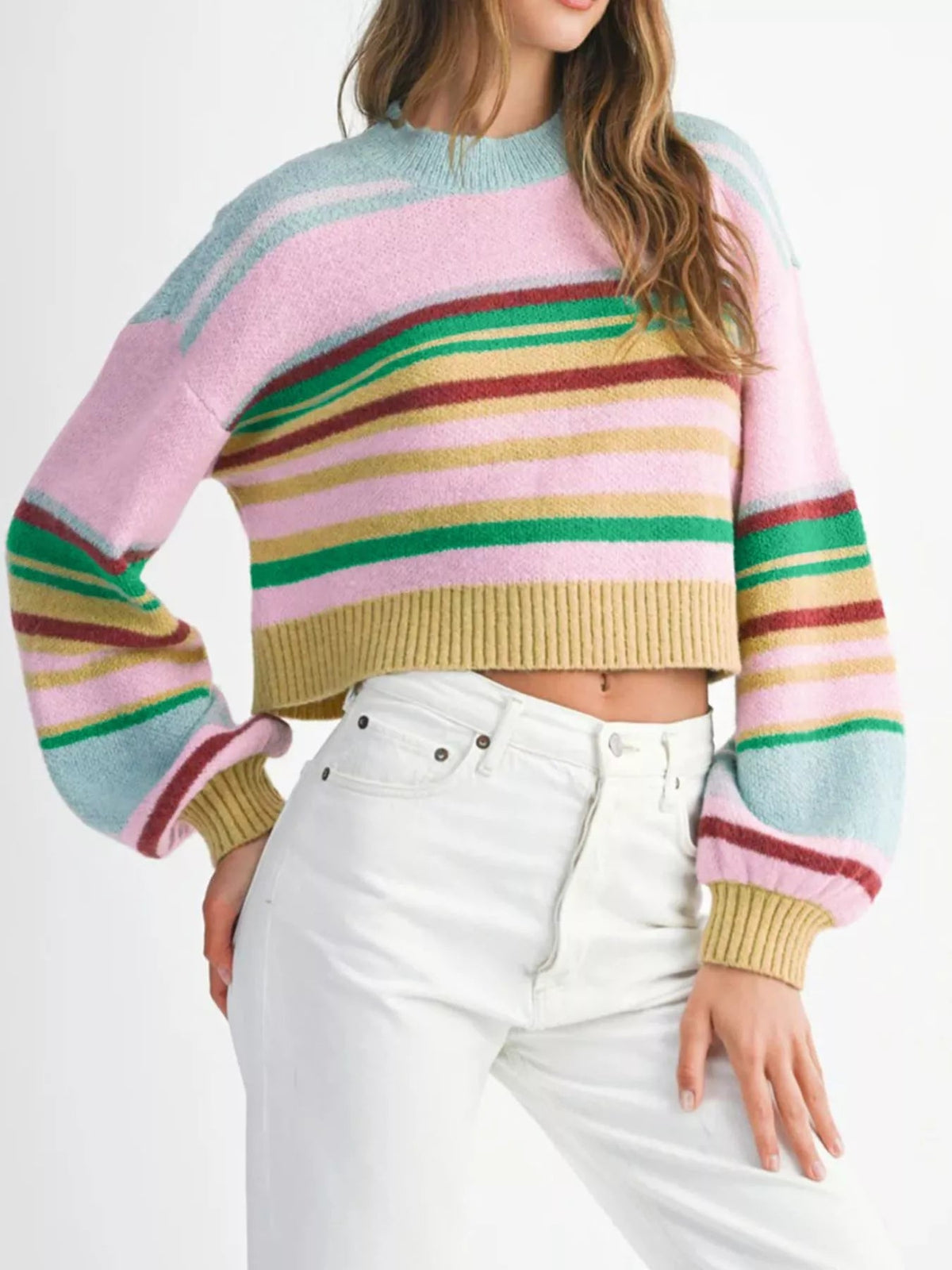 Multicolour Striped Knit Ribbed Trim Boxy Fit Cropped Sweater 
