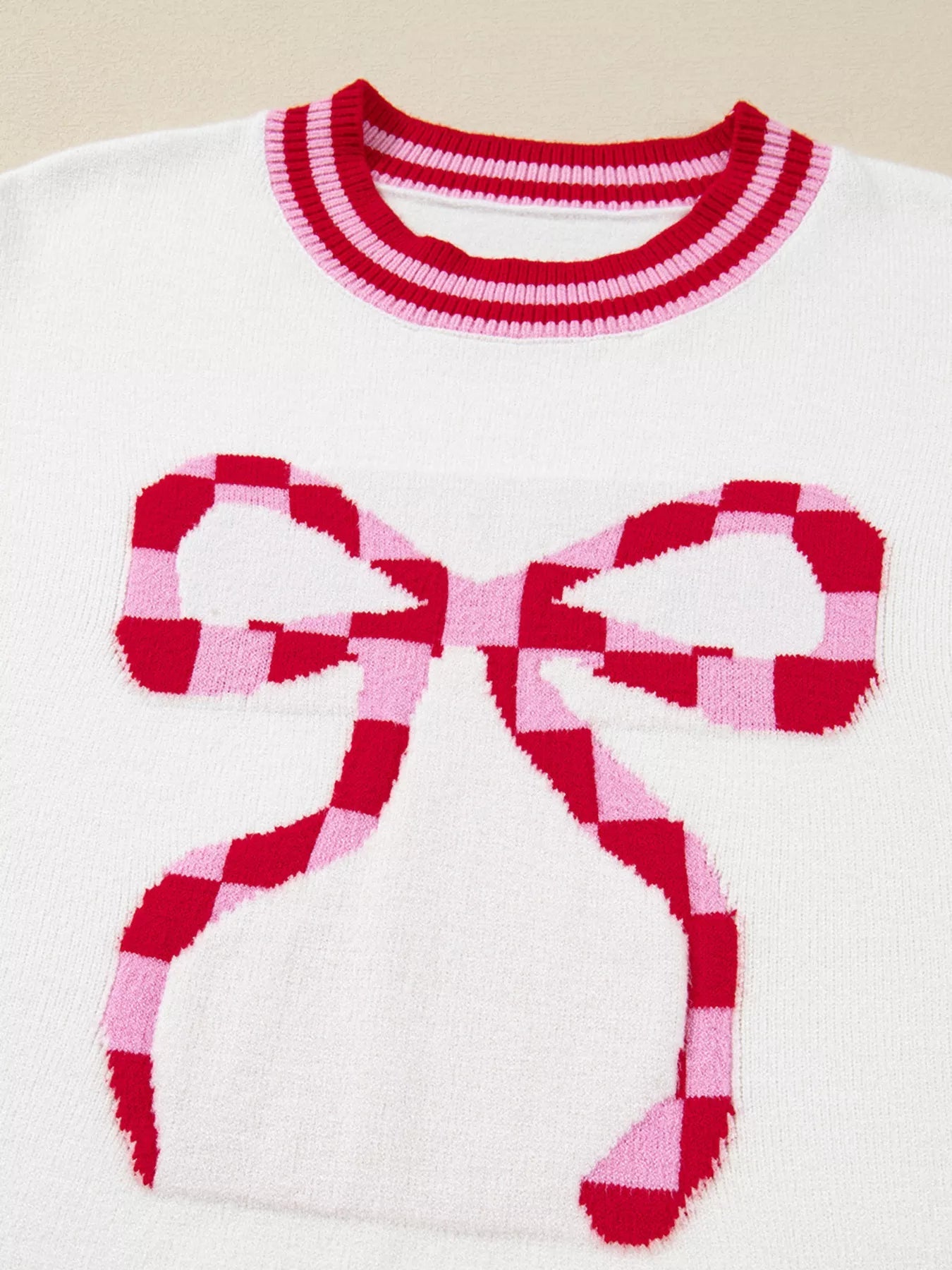 Striped Trim Bow Graphic Round Neck Drop Shoulder Sweater 