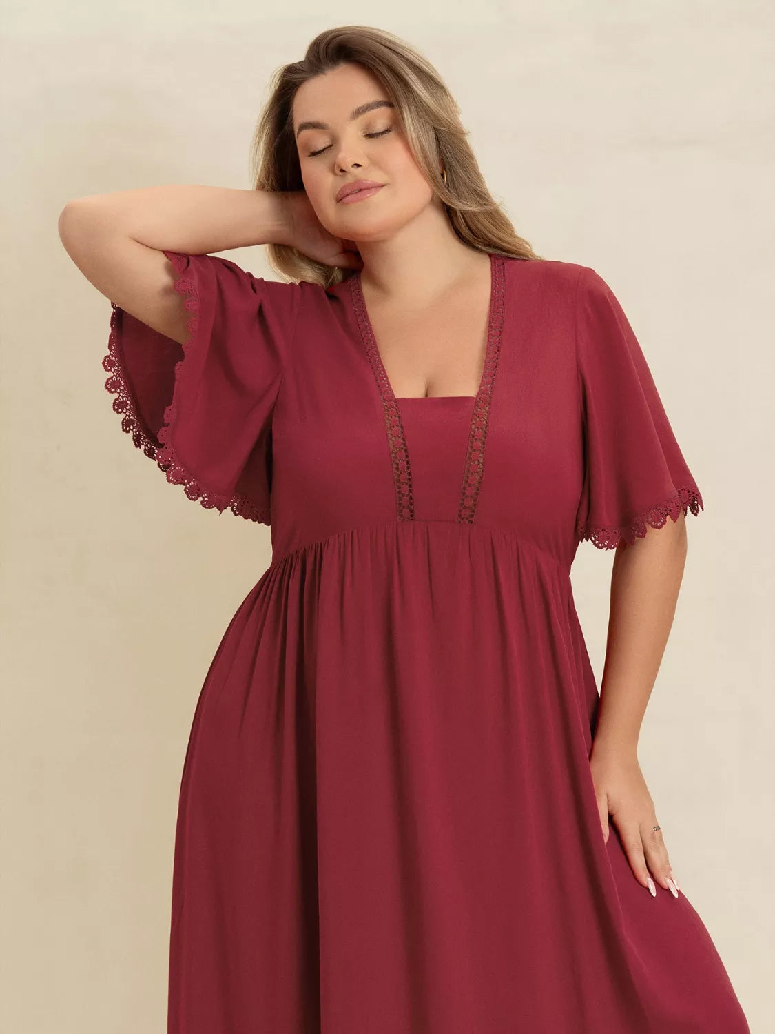 Plus Size Lace Detail Flutter Sleeve Maxi Dress 