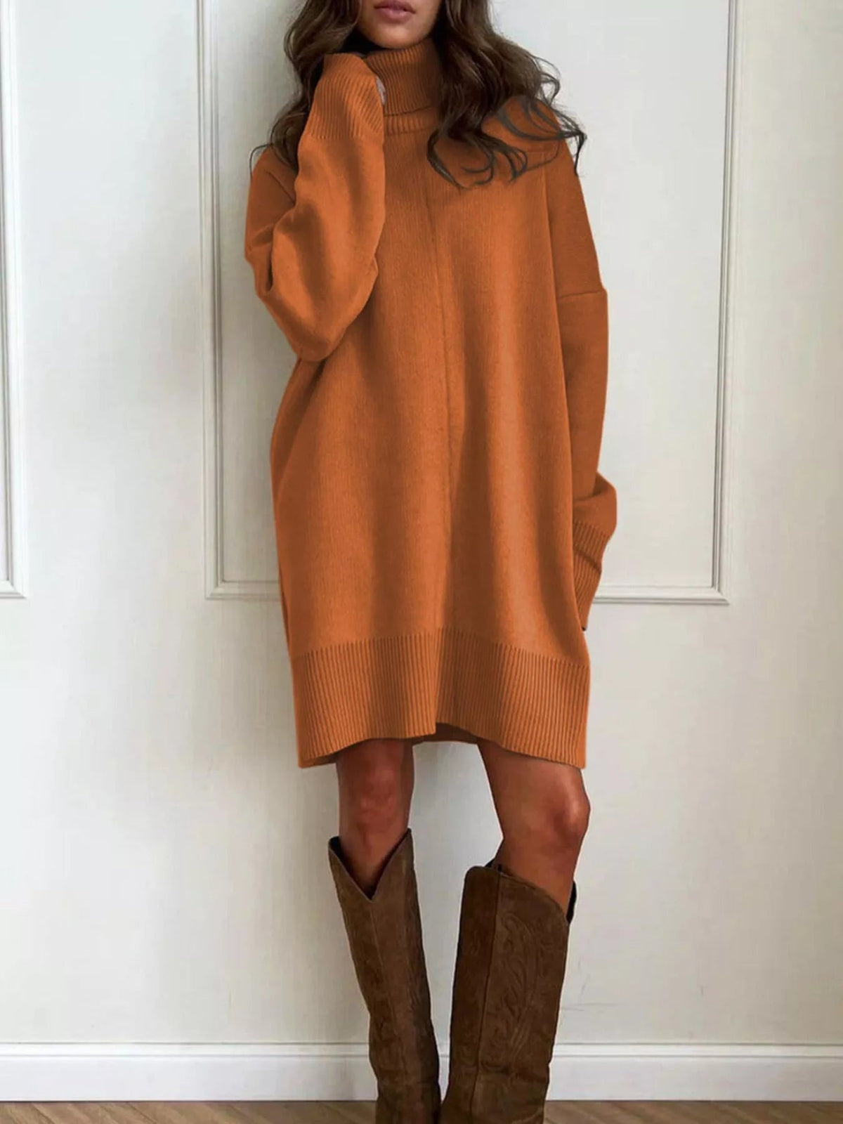 Solid Color Turtleneck Drop Shoulder Loose Sweater Dress 