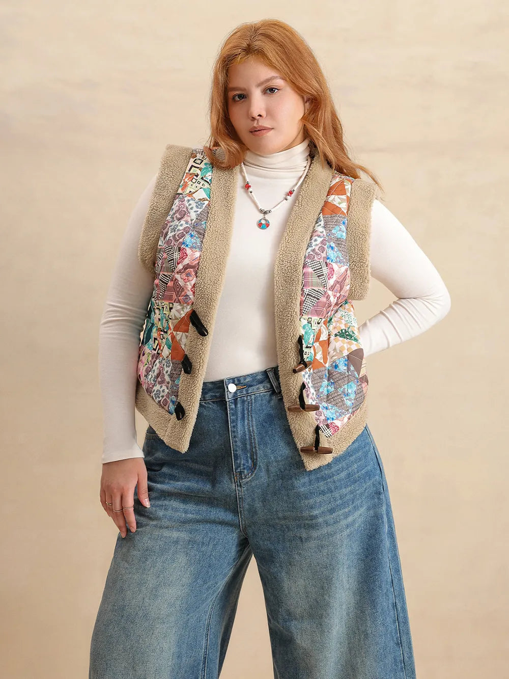 Plus Size Printed Sherpa Vest Coat 