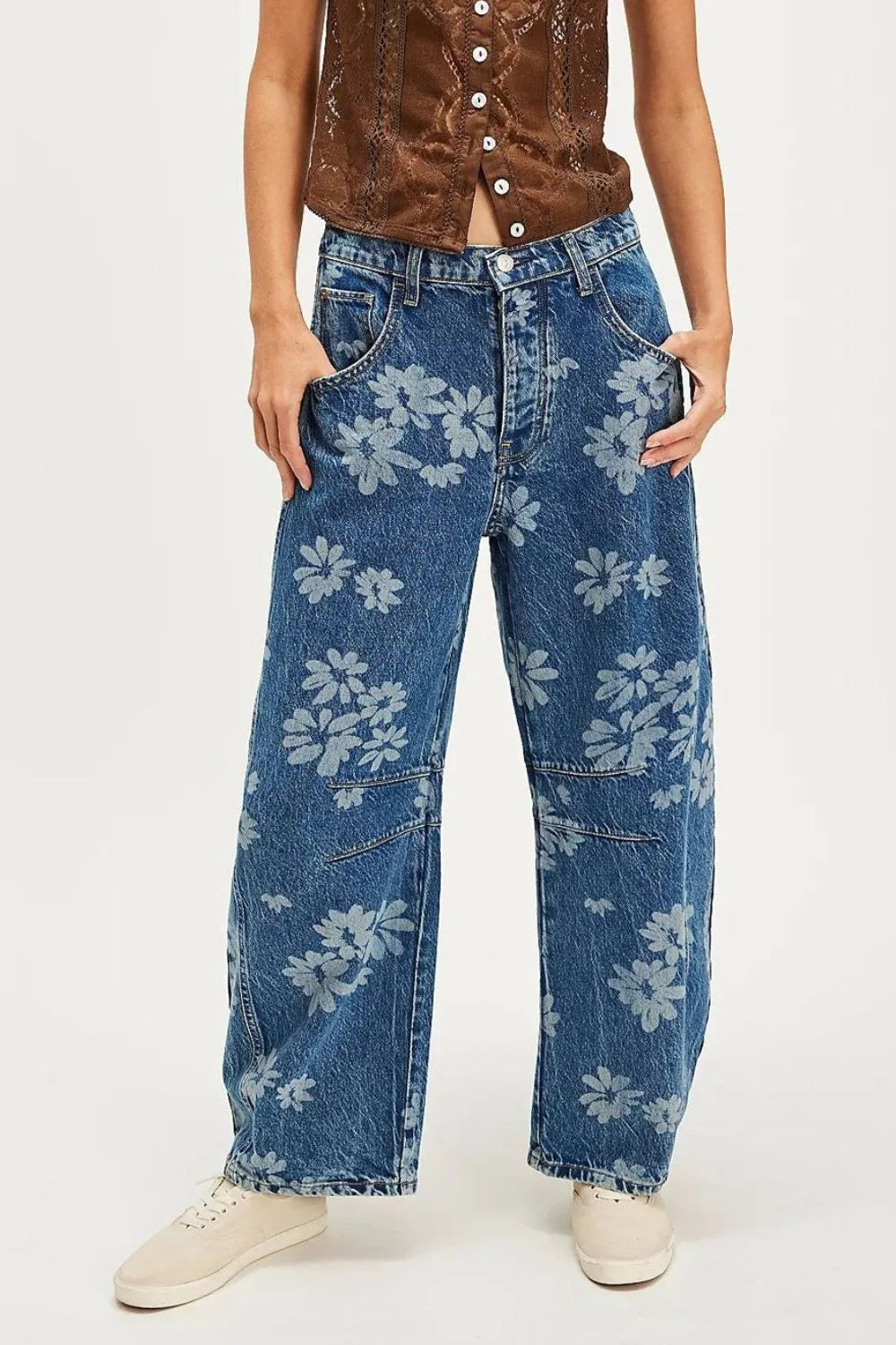 Flower Print Wide Leg Jeans 