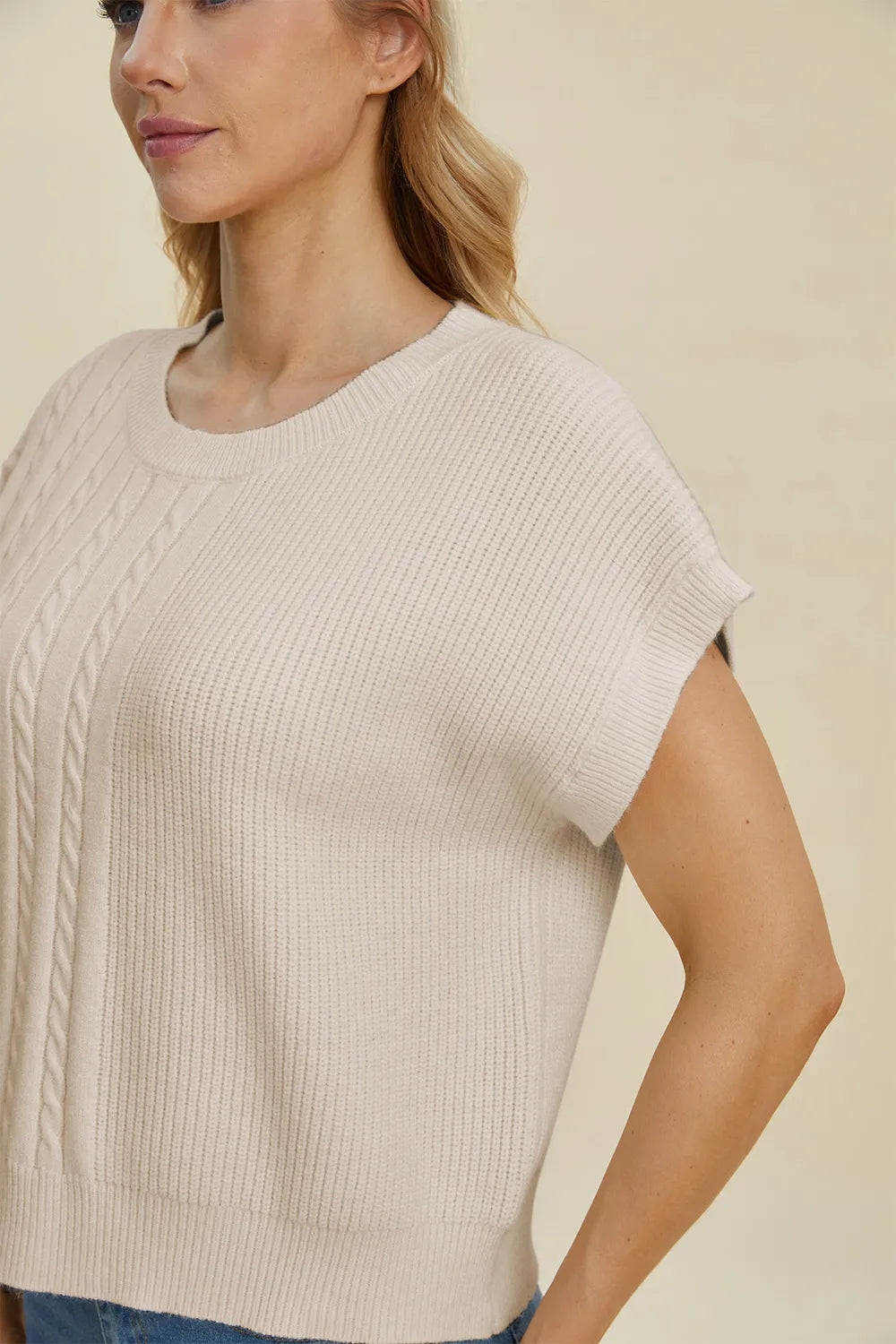 Double Take Full Size Cable-Knit Round Neck Short Sleeve Sweater 