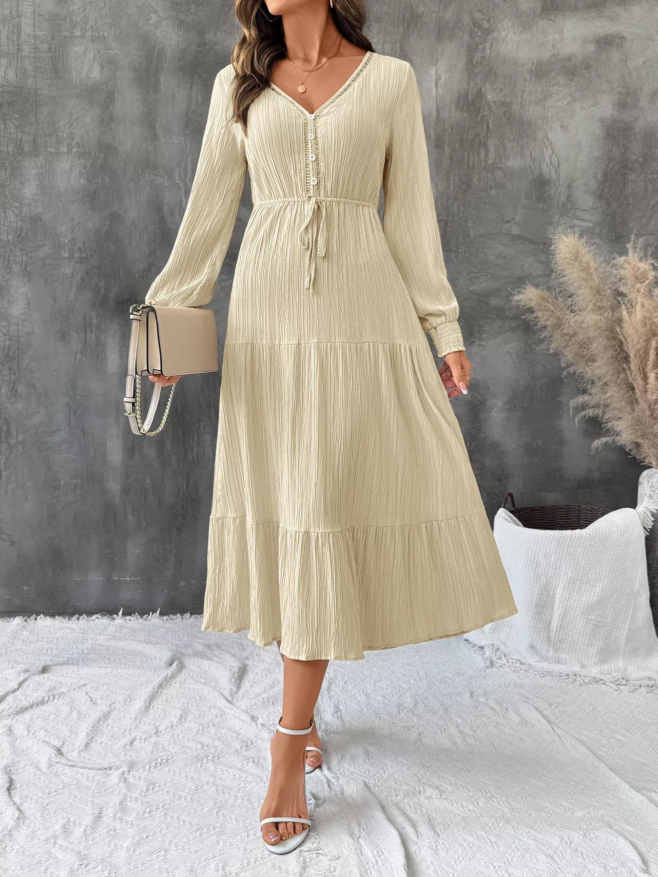 Tiered V-Neck Long Sleeve Dress 