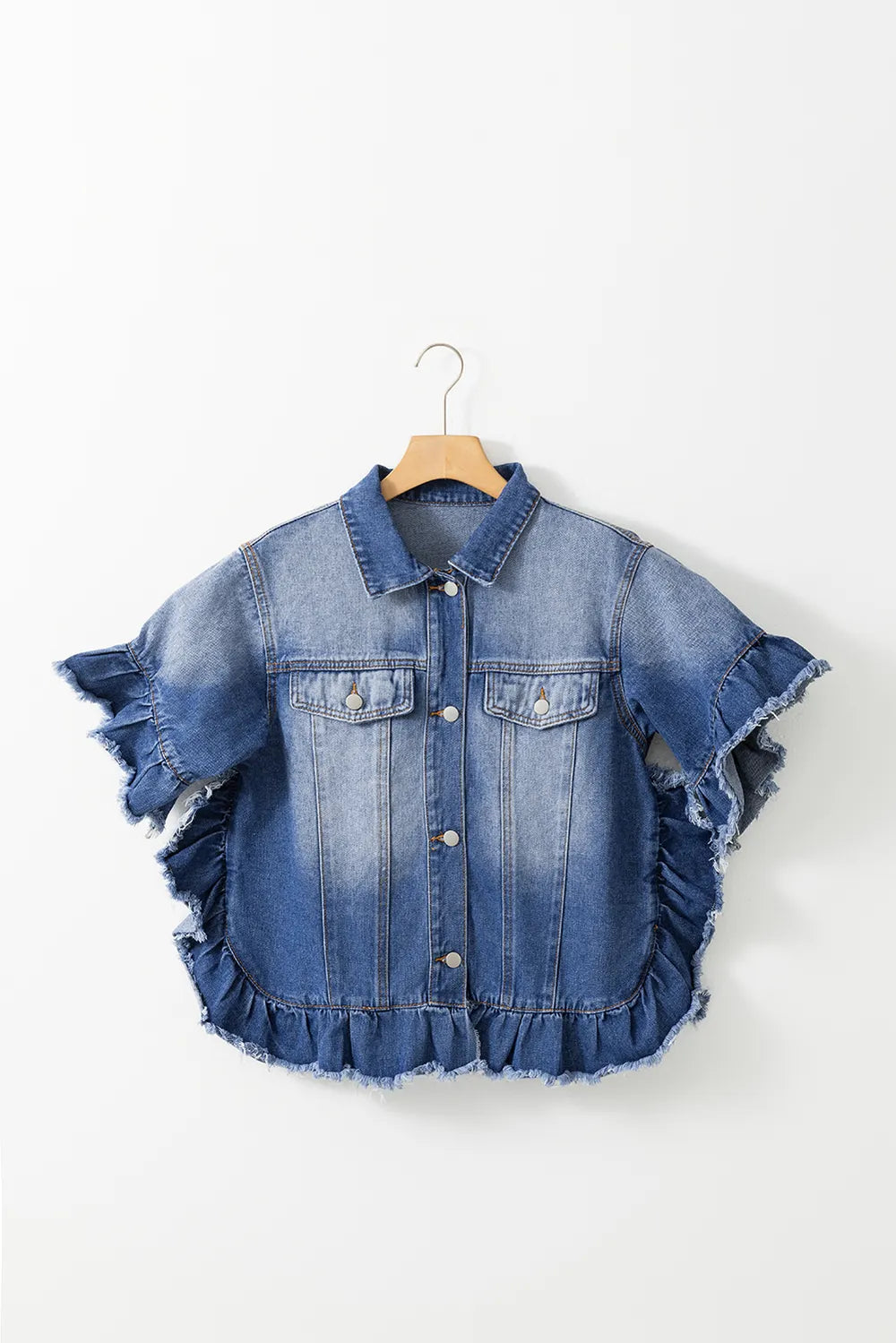 Ruffled Raw Hem Half Sleeve Denim Top 