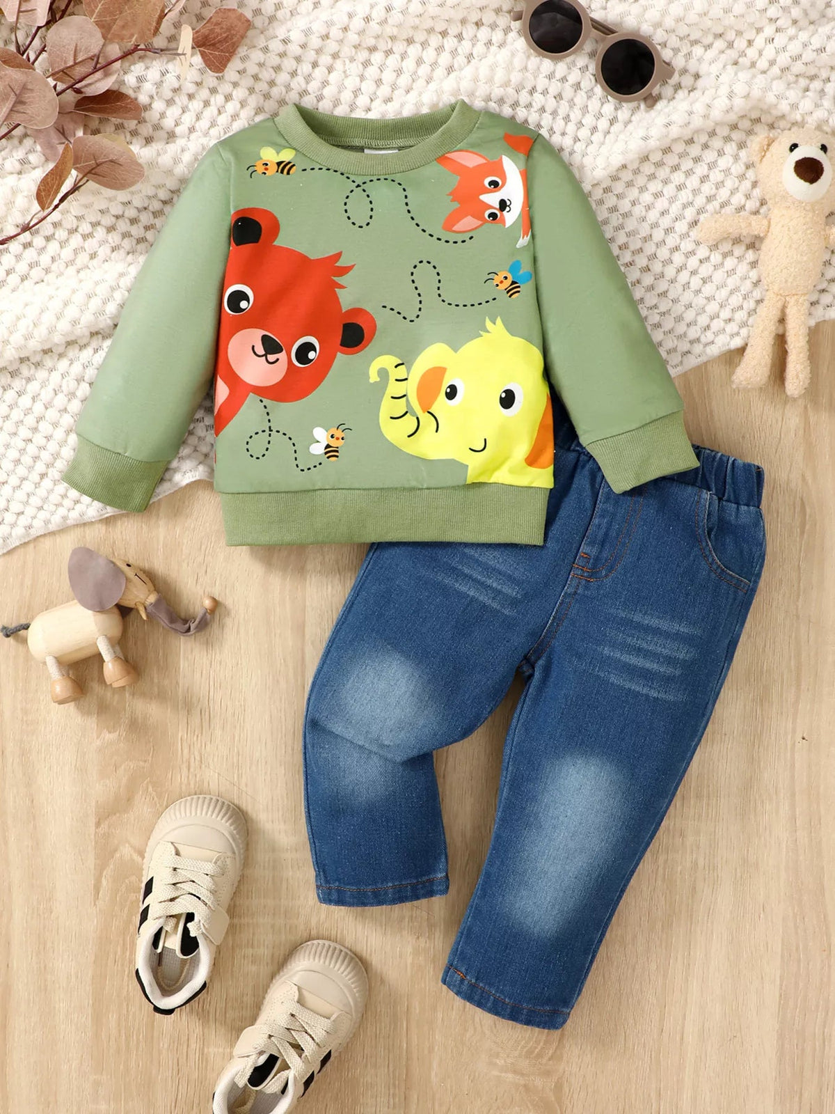 Children's Cartoon Animal Print Sweatshirt & Jeans Set 