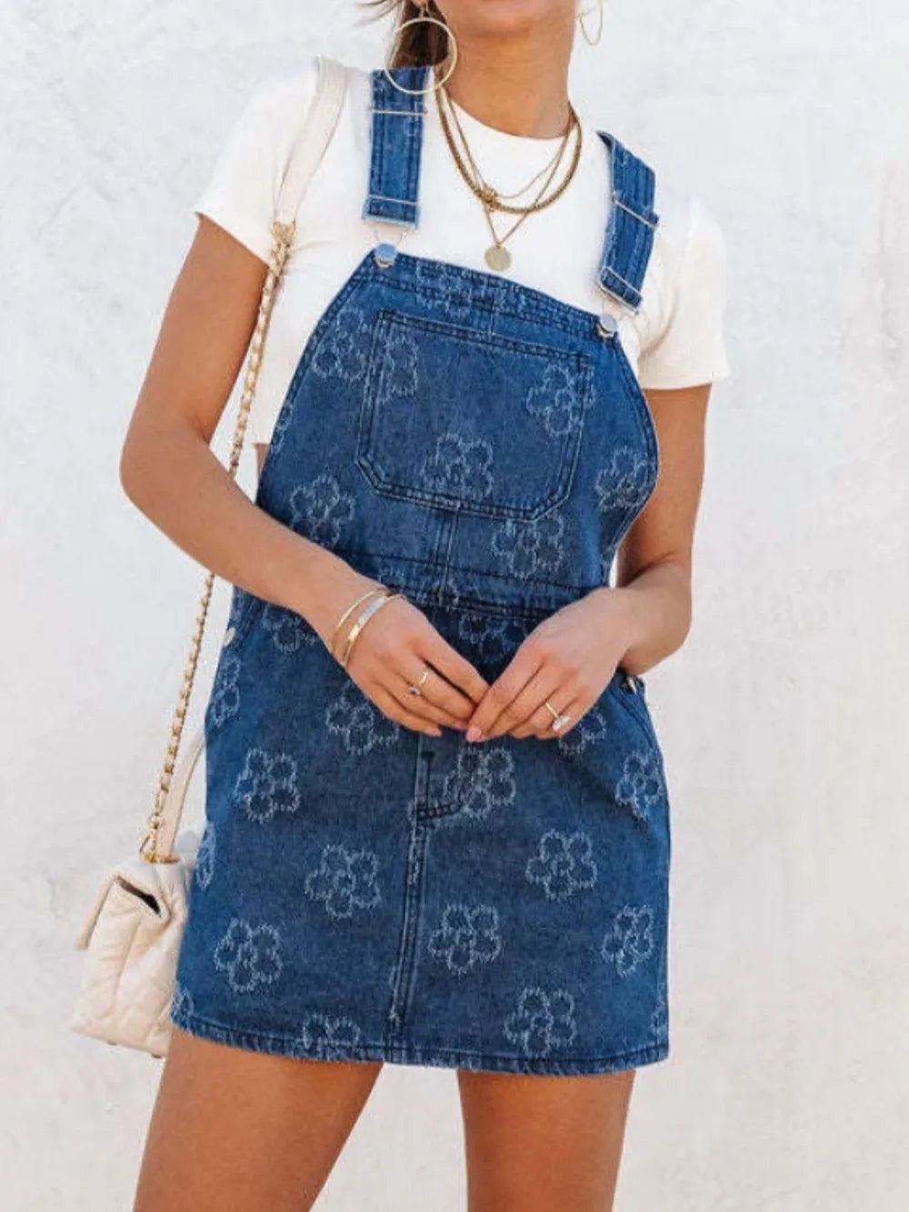Flower Wide Strap Denim Overall Dress with Pockets 