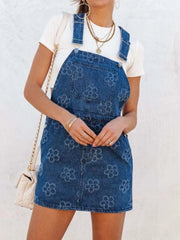 Flower Wide Strap Denim Overall Dress with Pockets 