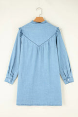 Button Up Notched Long Sleeve Denim Dress 