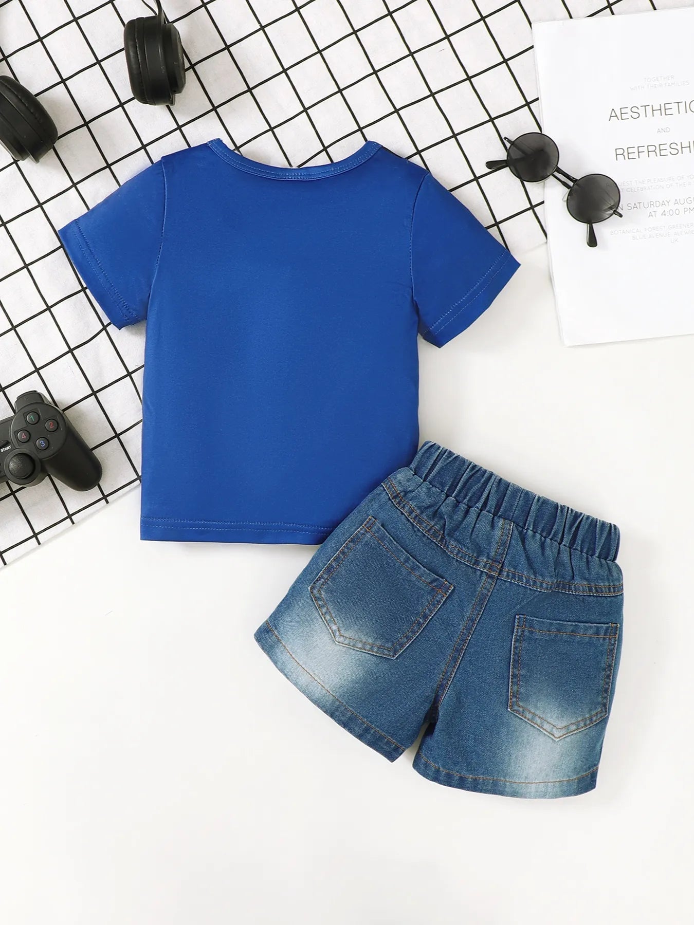 Children's Letter Round Neck Top and Denim Shorts Set 