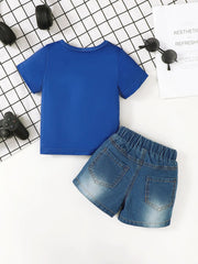 Children's Letter Round Neck Top and Denim Shorts Set 
