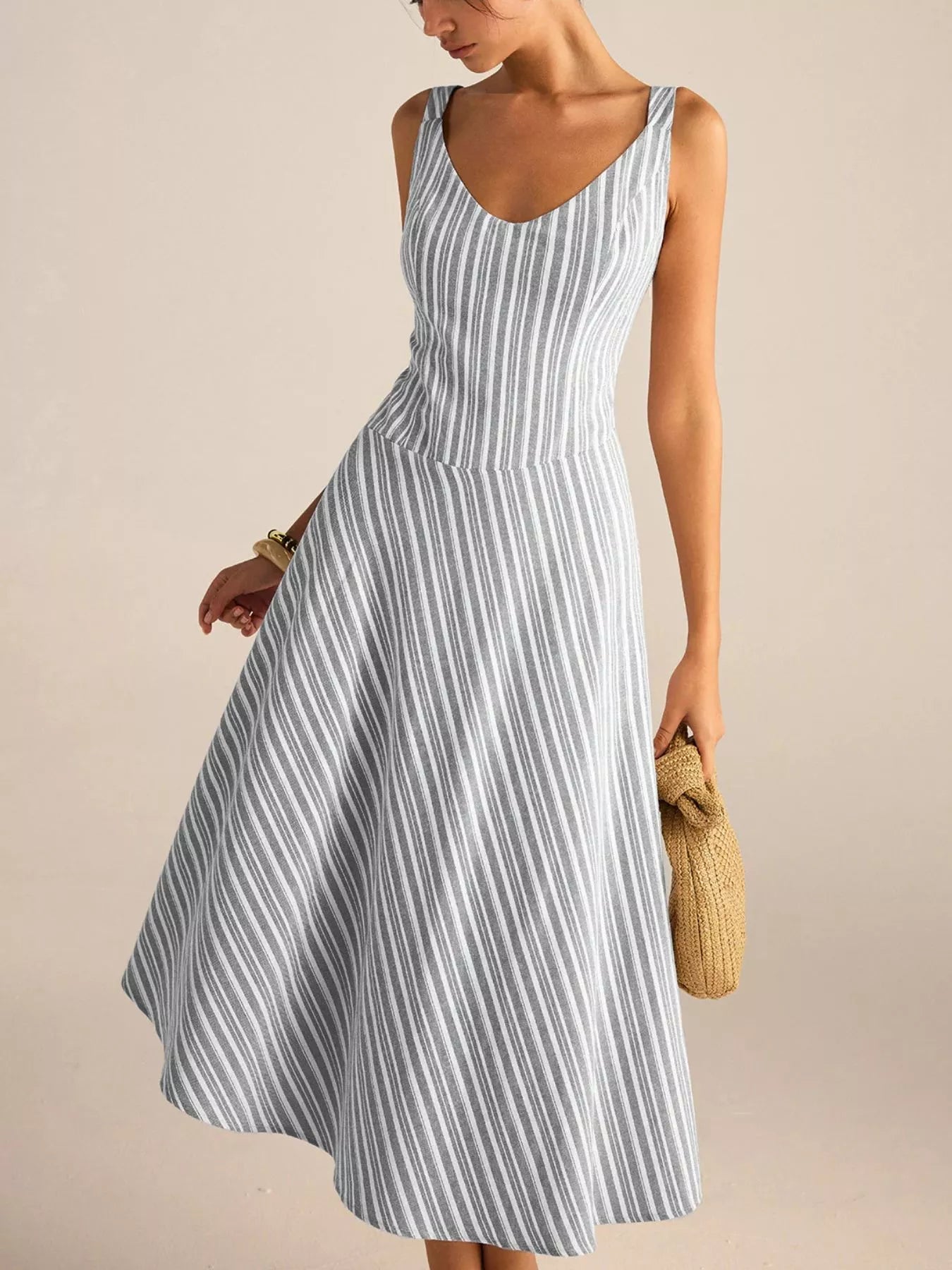 Full Size Striped Sleeveless Midi Dress Plus Size 