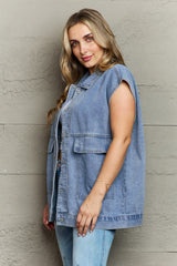 Collared Neck Sleeveless Denim Top with Pockets 