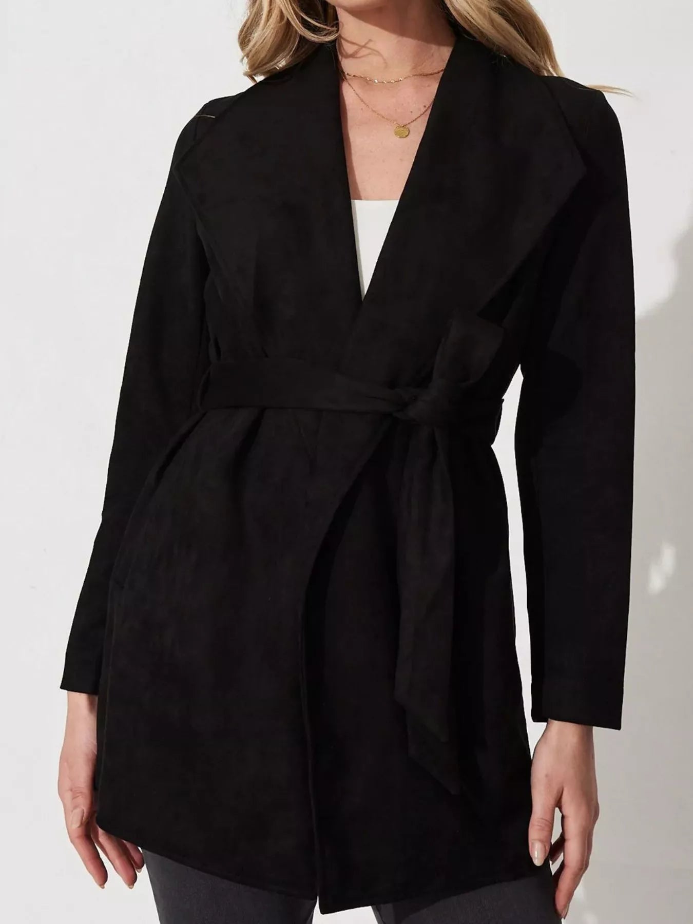 Suede Tie Waist Long Sleeve Outerwear 