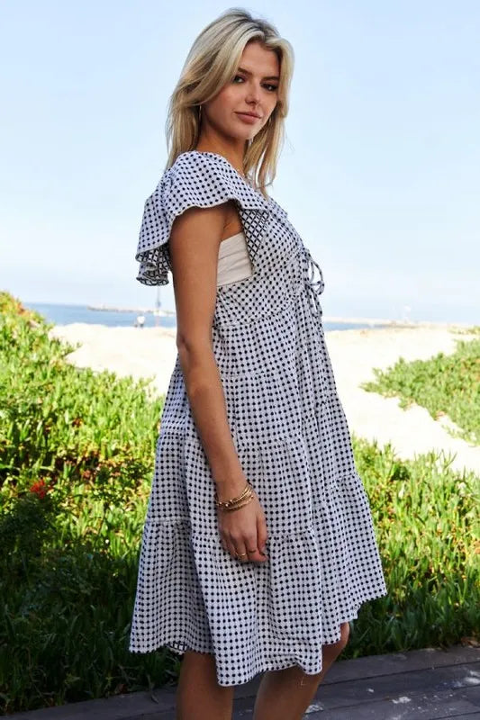 Davi & Dani Jacquard V-Neck Flutter Cap Sleeve Tiered Dress 