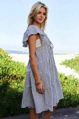 Davi & Dani Jacquard V-Neck Flutter Cap Sleeve Tiered Dress 
