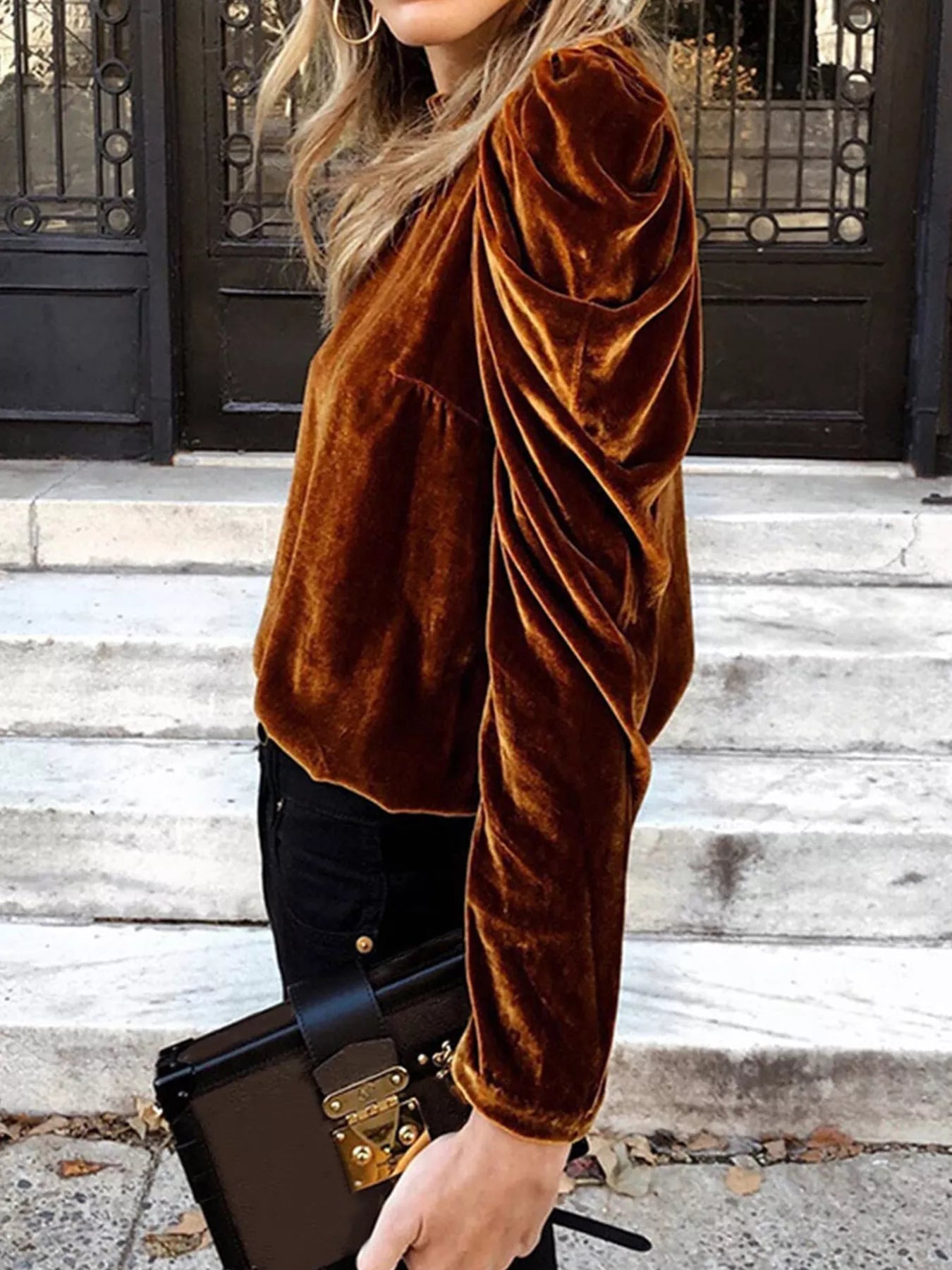 Velvet Mock Neck Long Sleeve Blouse 